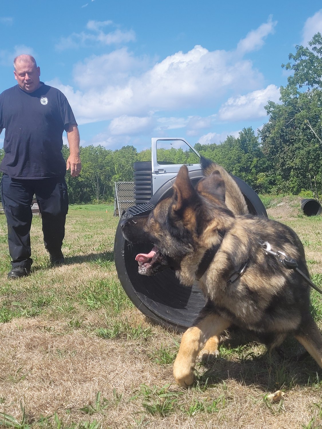 TRAINING FOR DUTY: K-9 Taz and his handler, URI PD Patrolman Paul Wells, work the obstacle course outside the ACI in Cranston. Wells recently lost his K-9 partner, but has been working with Taz for years. A successful police dog undergoes constant training to keep its skills sharp.